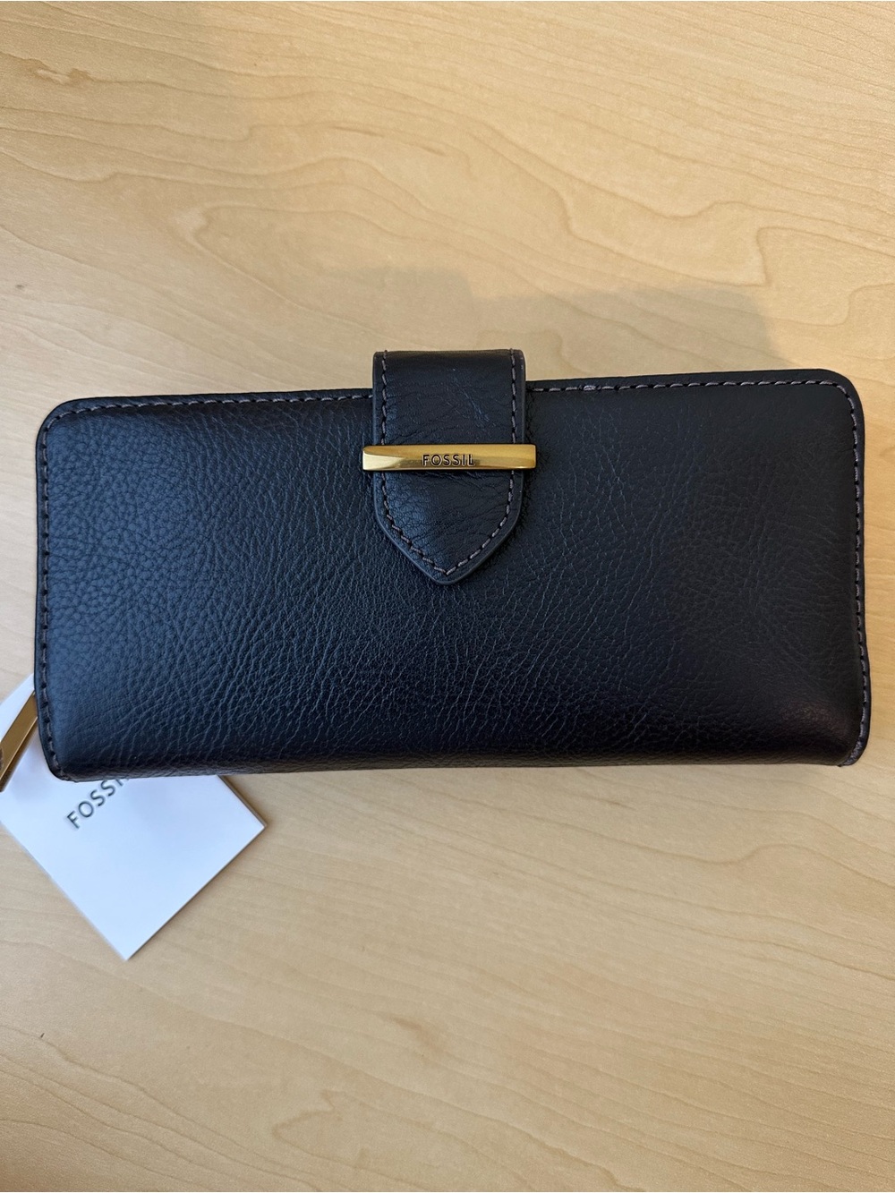 Fossil Black Leather Continental Wallet with Gold Accent